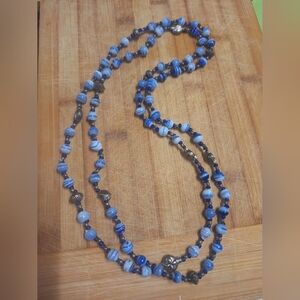 Blue Beaded Lengthy Marble Style Bead Necklace Glass Endless White Coastal